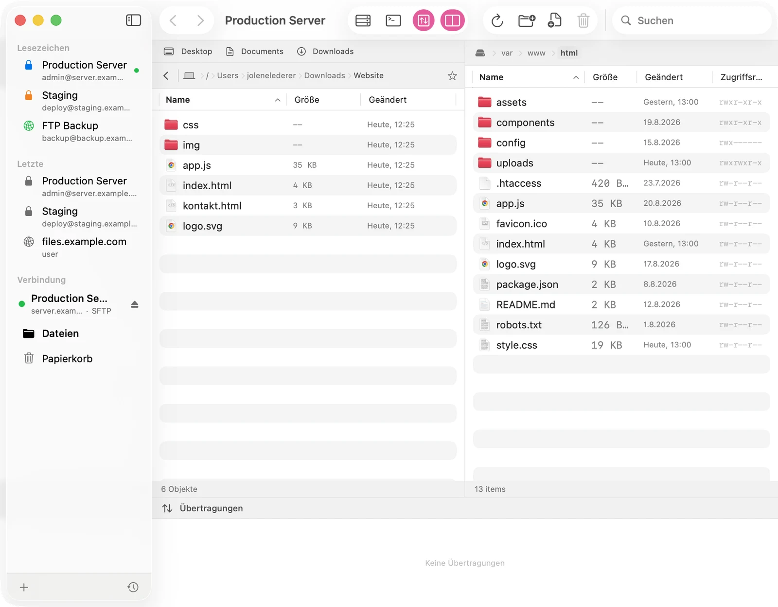 Dual-Pane-Ansicht in Docklane: links der lokale Website-Ordner am Mac, rechts das Server-Verzeichnis mit Rechten und Änderungsdaten