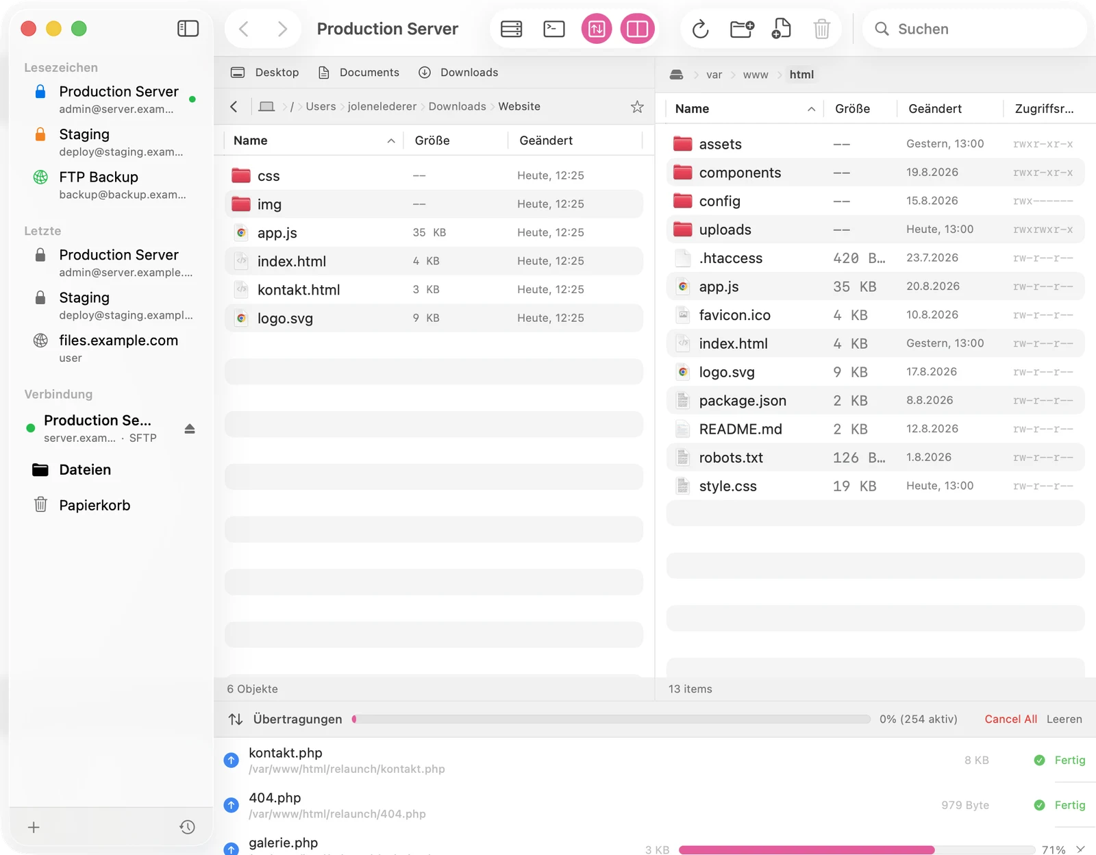 Docklane Übertragungsliste mit 254 aktiven parallelen Uploads, fertigen Dateien und Fortschrittsbalken