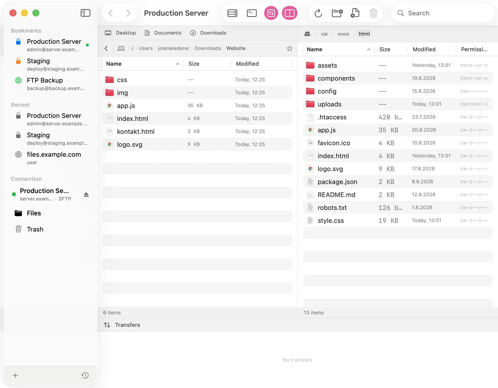 Dual-pane view in Docklane: the local website folder on the Mac on the left, the server directory with permissions and modification dates on the right