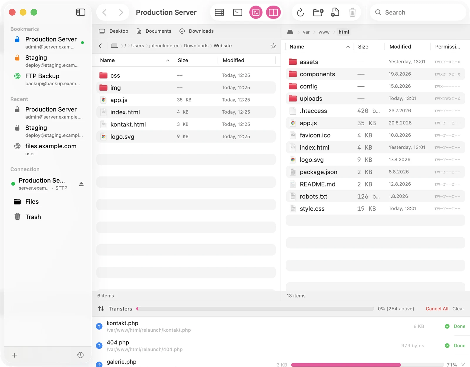 Docklane transfer list with 254 active parallel uploads, completed files and progress bars