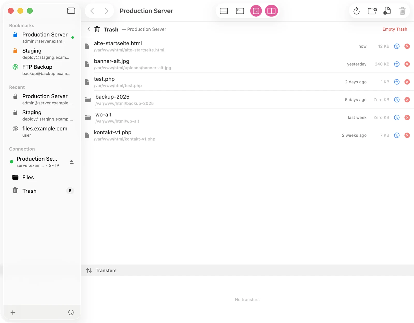 Server-side trash in Docklane with deleted files, restore buttons and relative deletion dates