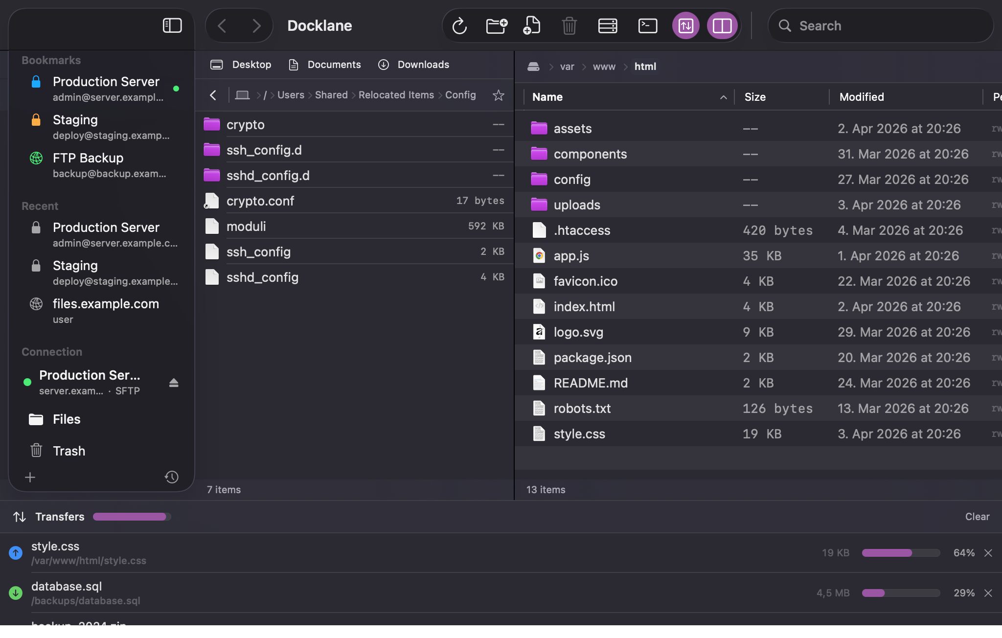 Docklane dual-pane browser — local and remote files side by side with active transfer