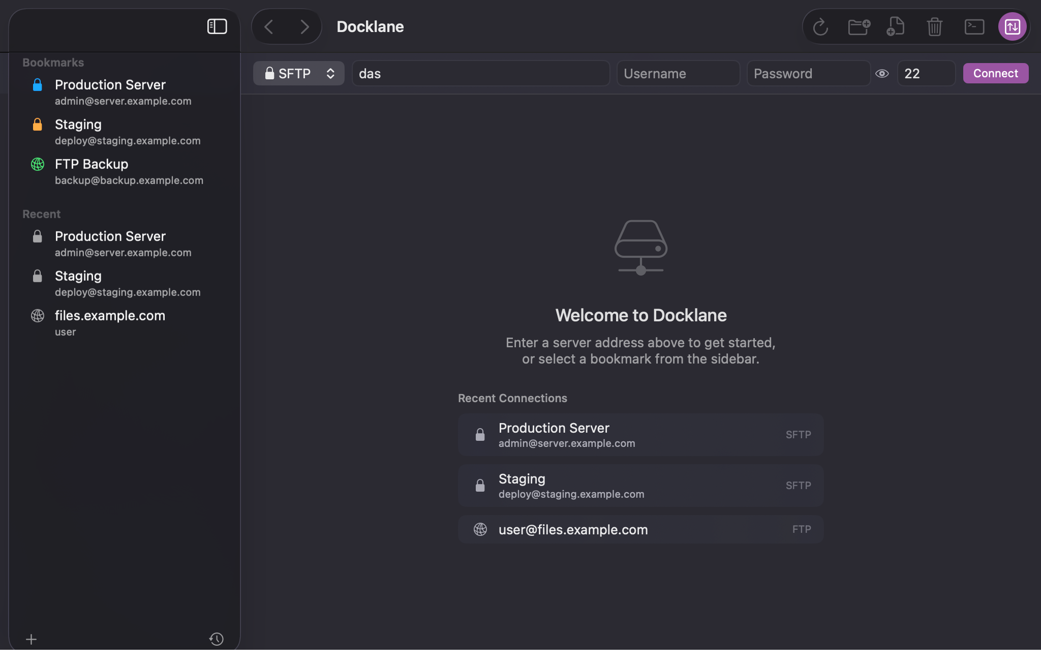 Docklane app — Welcome screen with bookmarks and recent connections